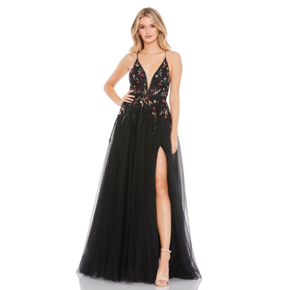 MAC DUGGAL 11193 Thigh High Slit Black Floral Tulle Ball‎ Gown Women's' Size 8